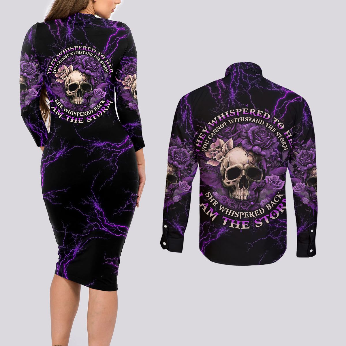 I Am The Storm Rose Skull Couples Matching Long Sleeve Bodycon Dress and Long Sleeve Button Shirt - Wonder Print Shop