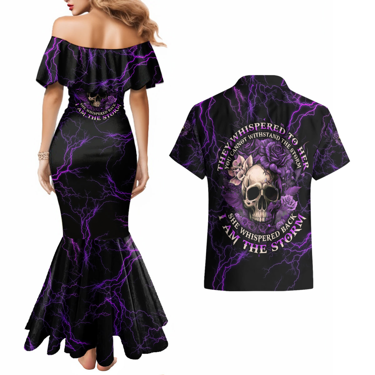 I Am The Storm Rose Skull Couples Matching Mermaid Dress and Hawaiian Shirt - Wonder Print Shop
