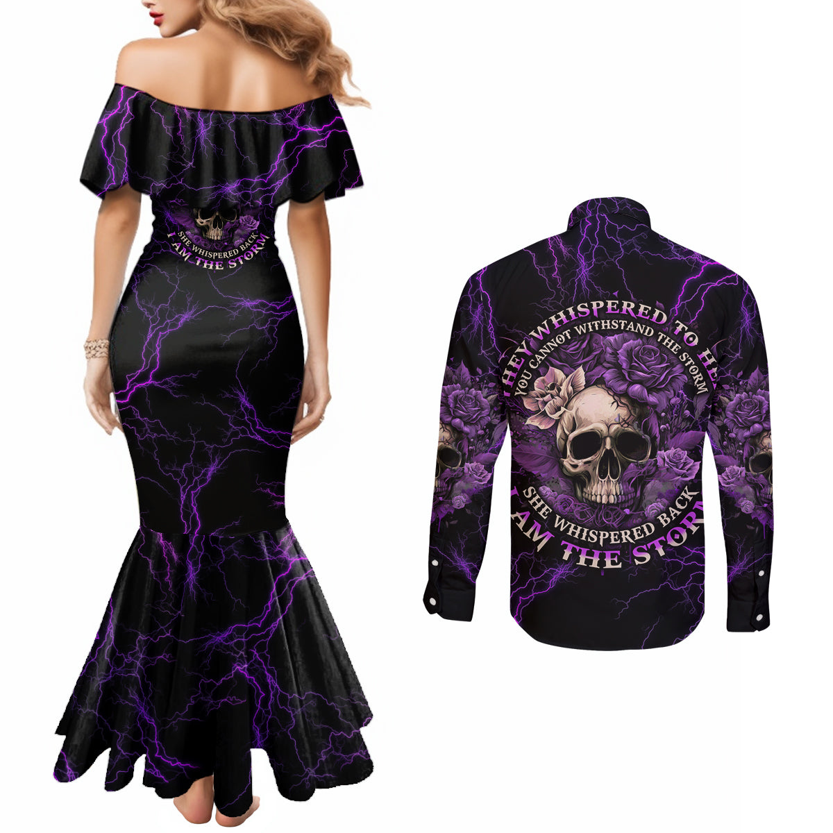 i-am-the-storm-rose-skull-couples-matching-mermaid-dress-and-long-sleeve-button-shirt