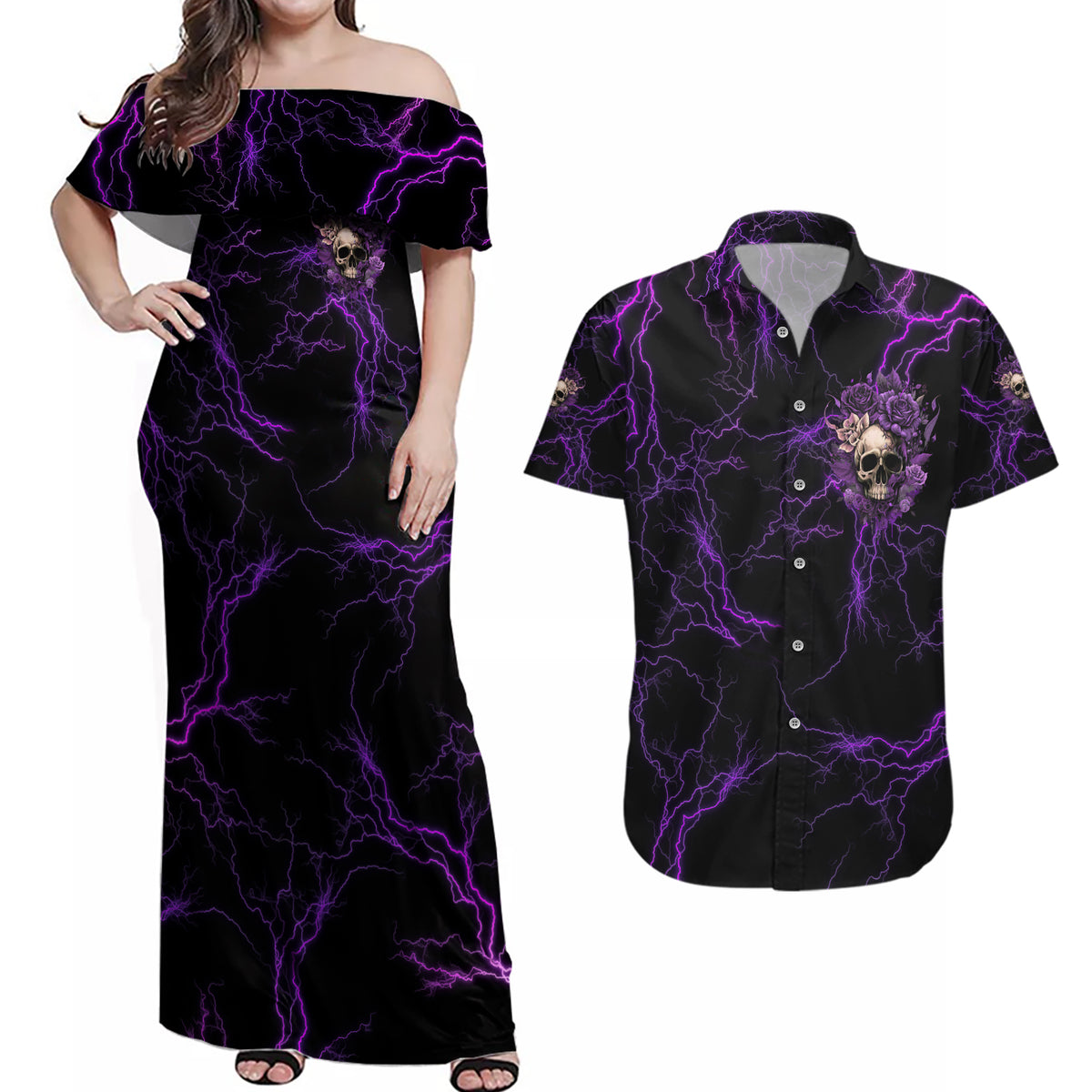 I Am The Storm Rose Skull Couples Matching Off Shoulder Maxi Dress and Hawaiian Shirt - Wonder Print Shop