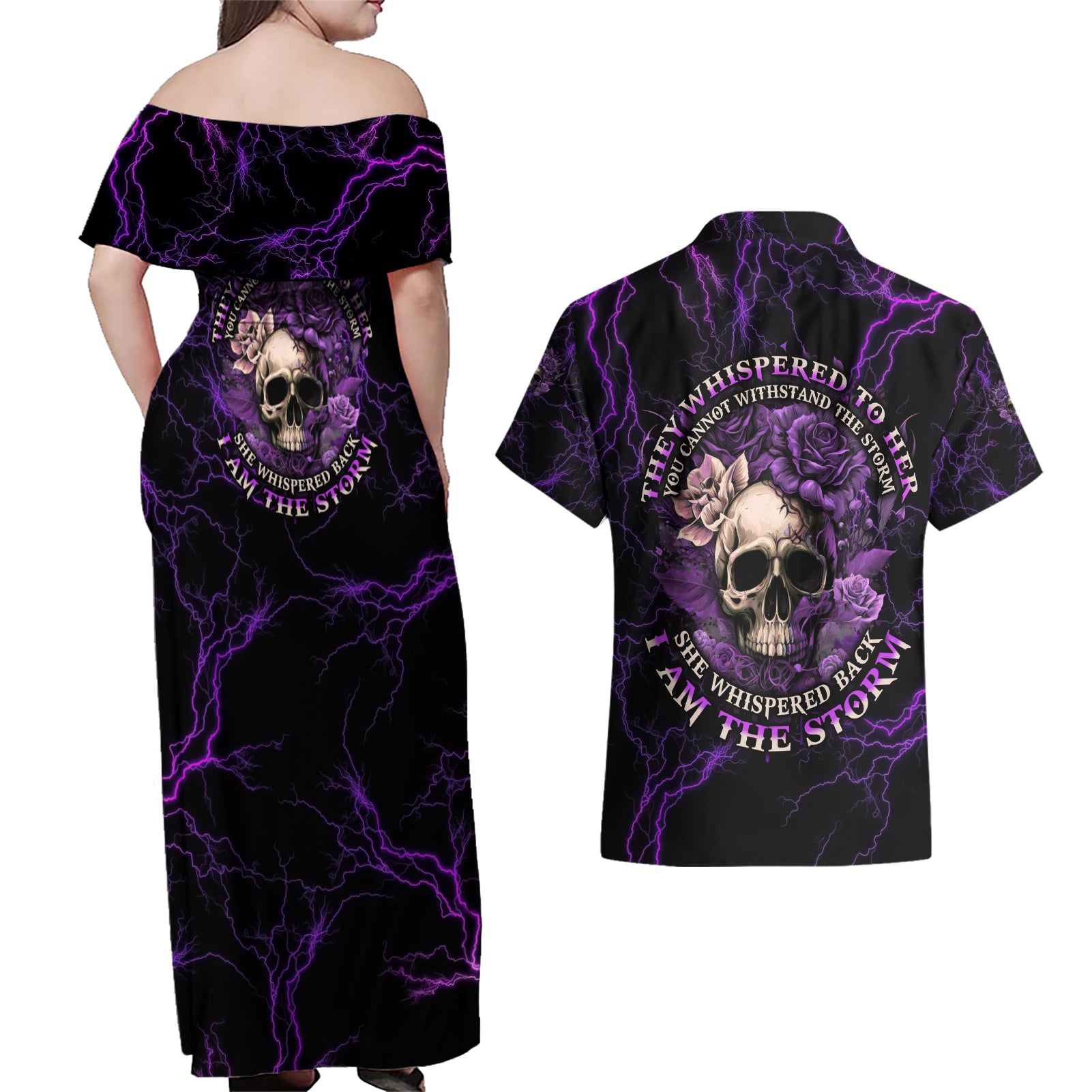 I Am The Storm Rose Skull Couples Matching Off Shoulder Maxi Dress and Hawaiian Shirt - Wonder Print Shop