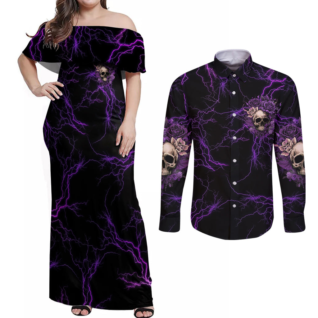 I Am The Storm Rose Skull Couples Matching Off Shoulder Maxi Dress and Long Sleeve Button Shirt - Wonder Print Shop