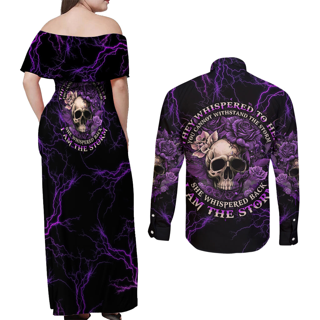 I Am The Storm Rose Skull Couples Matching Off Shoulder Maxi Dress and Long Sleeve Button Shirt - Wonder Print Shop