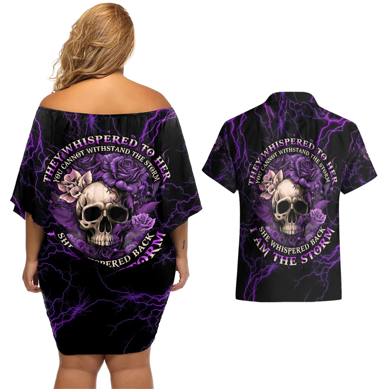 I Am The Storm Rose Skull Couples Matching Off Shoulder Short Dress and Hawaiian Shirt - Wonder Print Shop
