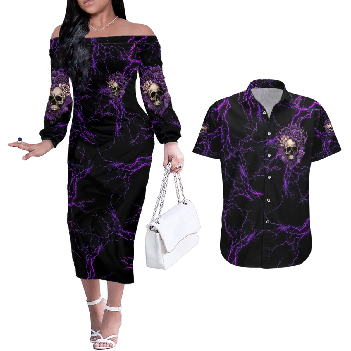 I Am The Storm Rose Skull Couples Matching Off The Shoulder Long Sleeve Dress and Hawaiian Shirt - Wonder Print Shop