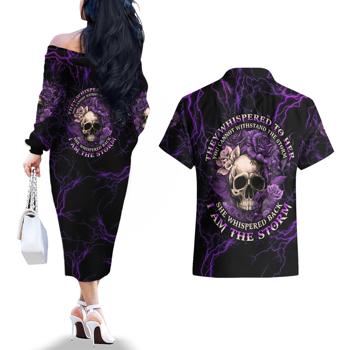 I Am The Storm Rose Skull Couples Matching Off The Shoulder Long Sleeve Dress and Hawaiian Shirt - Wonder Print Shop