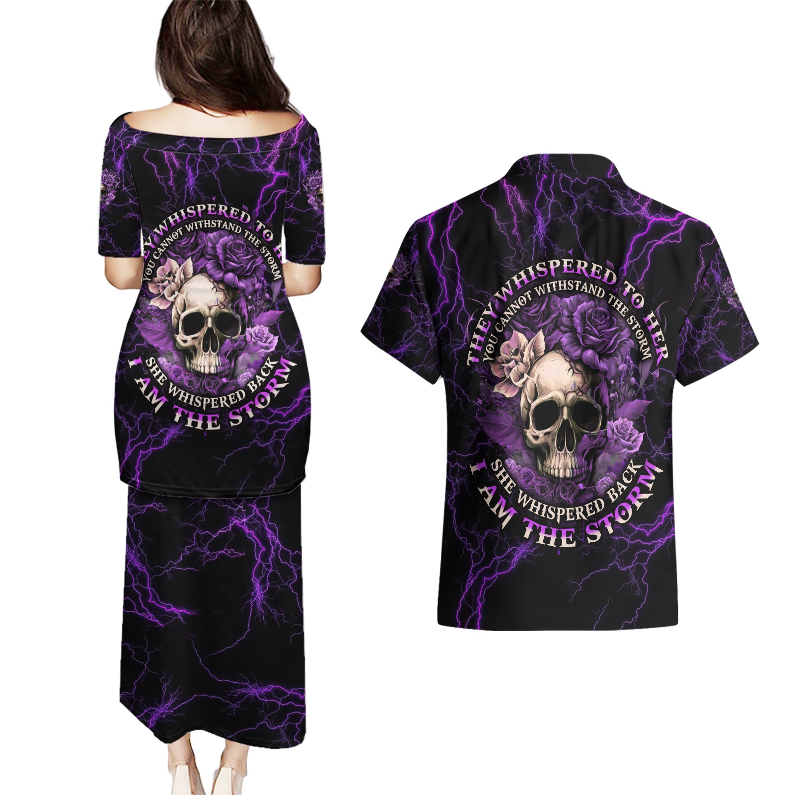 I Am The Storm Rose Skull Couples Matching Puletasi Dress and Hawaiian Shirt - Wonder Print Shop