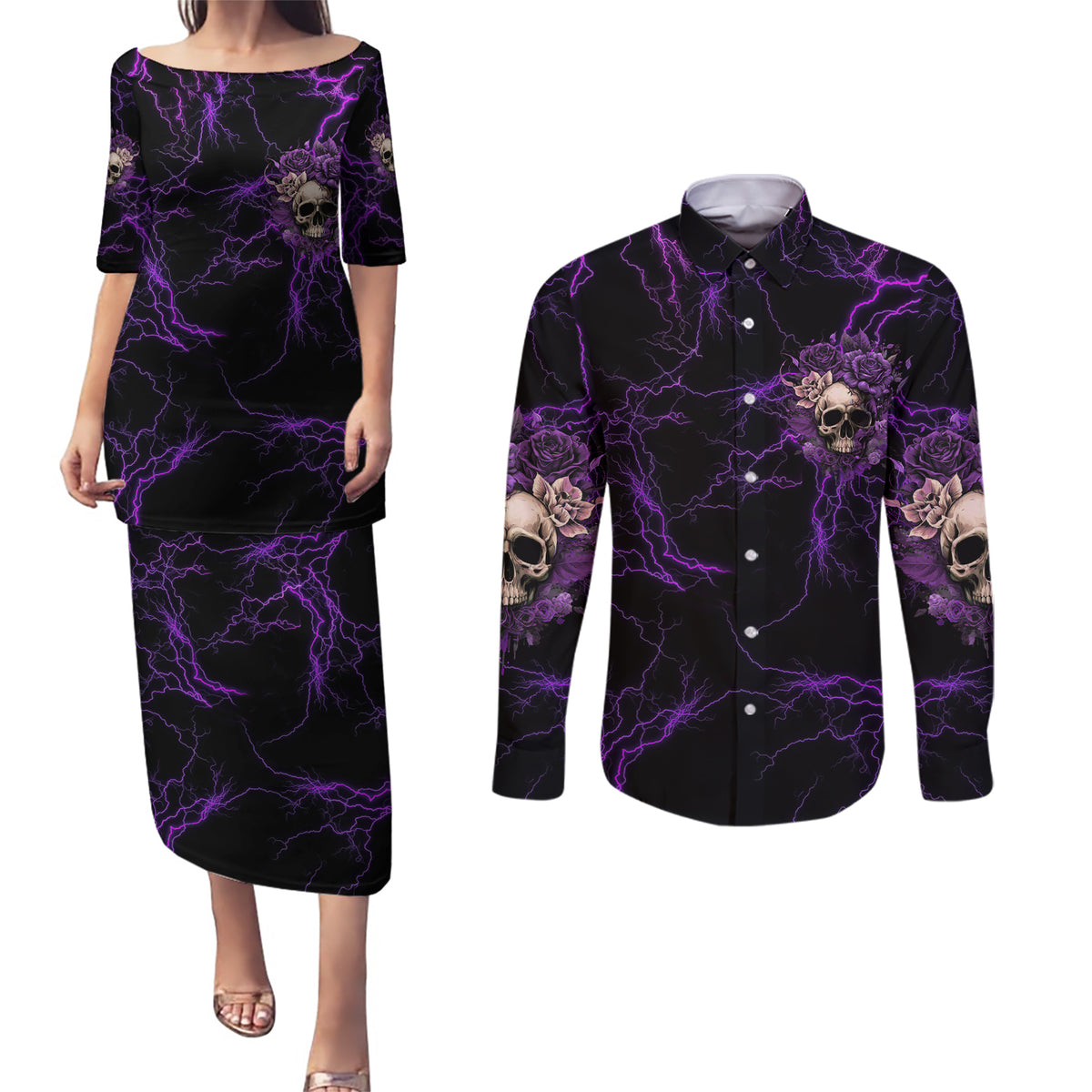 I Am The Storm Rose Skull Couples Matching Puletasi Dress and Long Sleeve Button Shirt - Wonder Print Shop