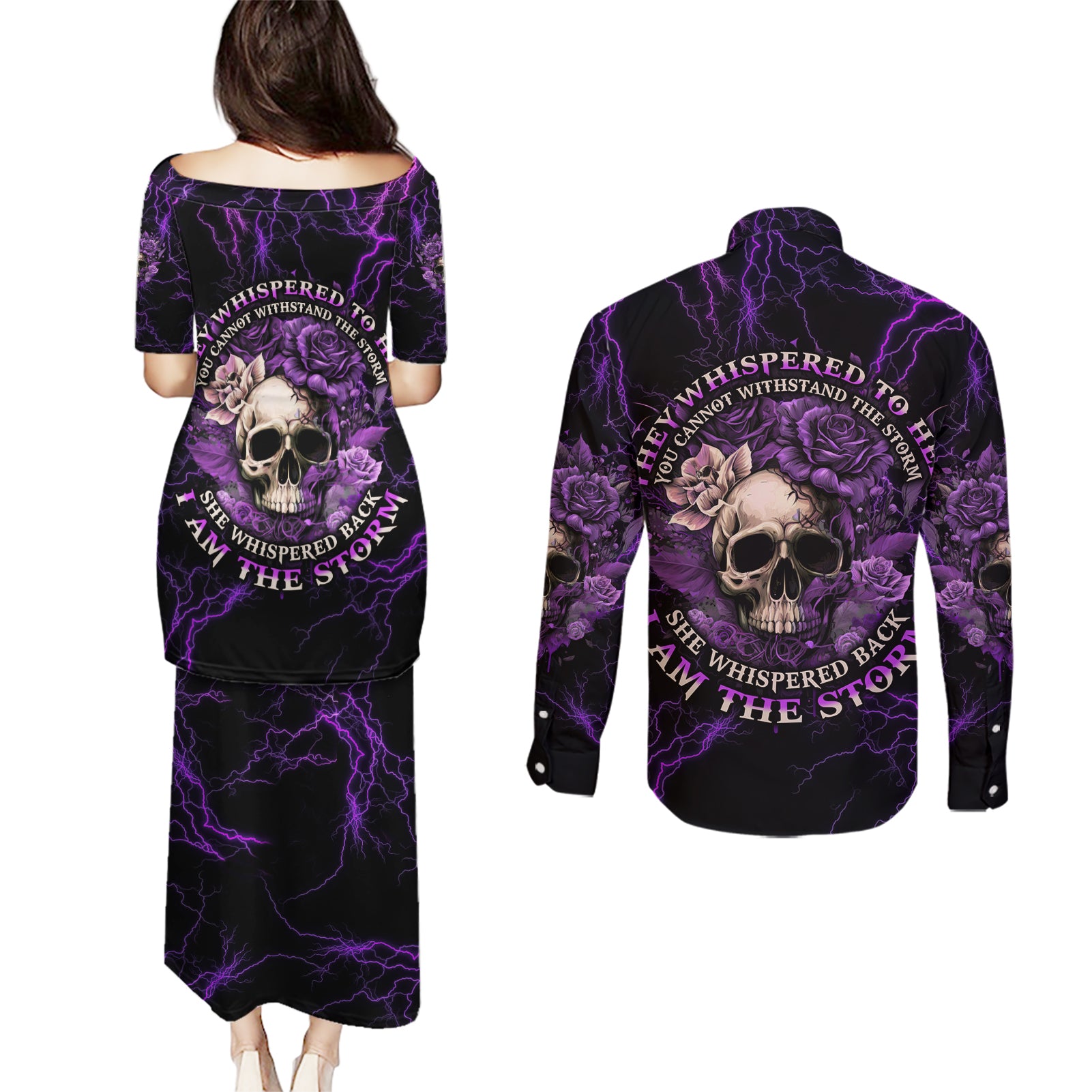 I Am The Storm Rose Skull Couples Matching Puletasi Dress and Long Sleeve Button Shirt - Wonder Print Shop