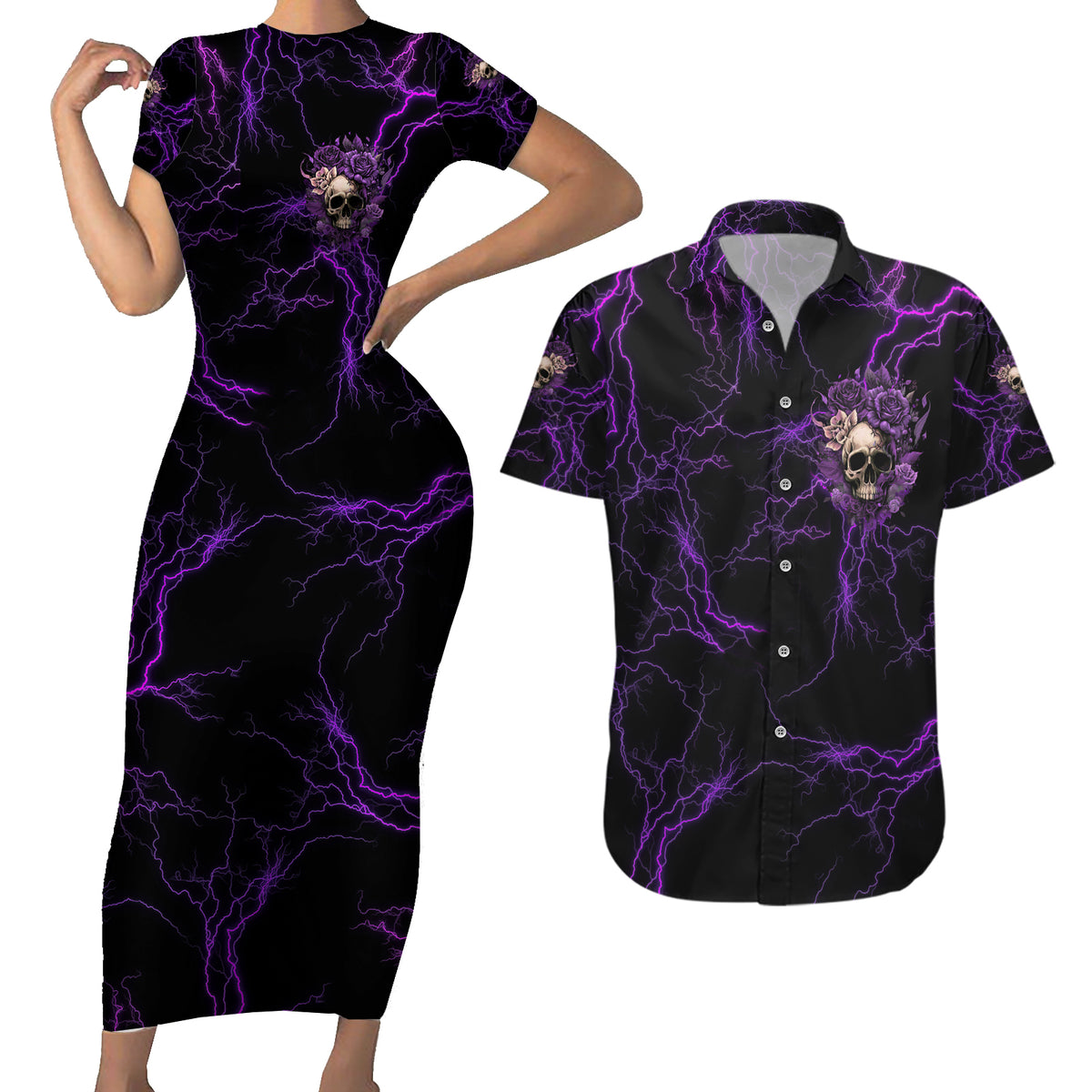 I Am The Storm Rose Skull Couples Matching Short Sleeve Bodycon Dress and Hawaiian Shirt - Wonder Print Shop