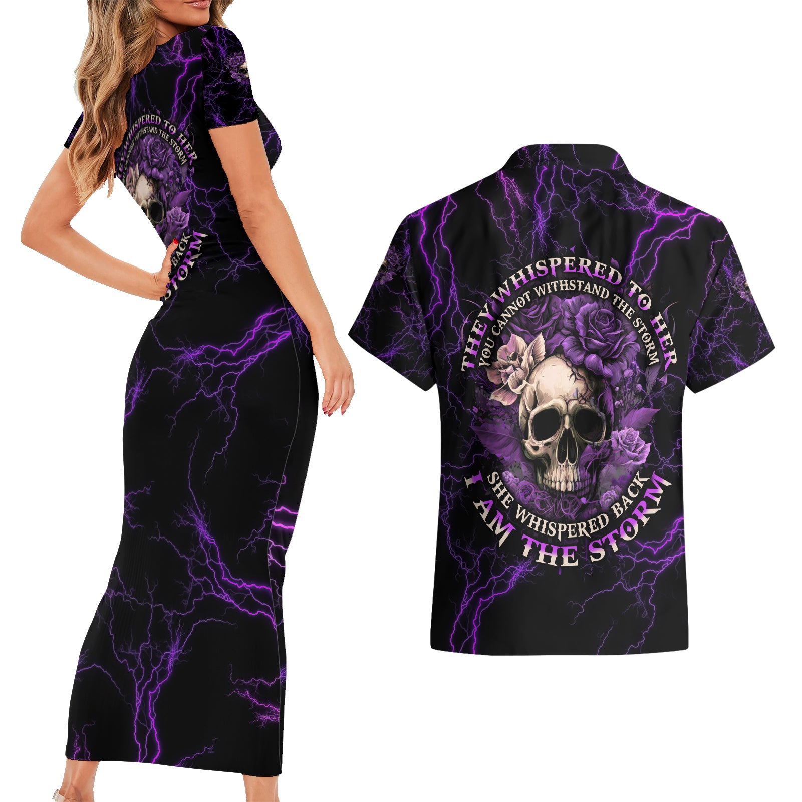 I Am The Storm Rose Skull Couples Matching Short Sleeve Bodycon Dress and Hawaiian Shirt - Wonder Print Shop