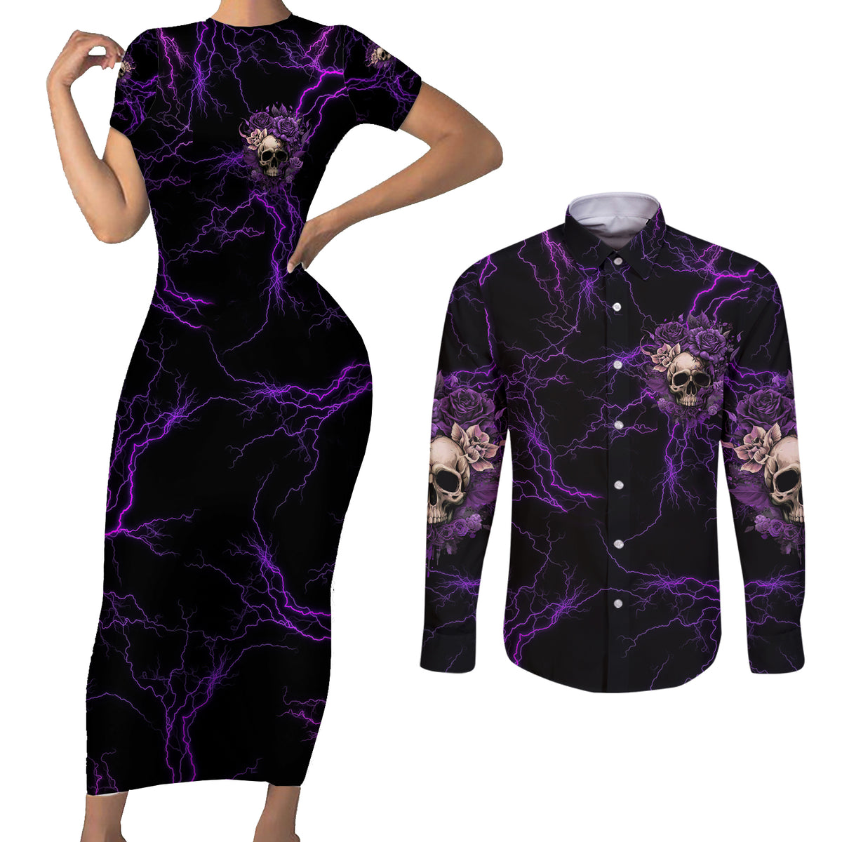 I Am The Storm Rose Skull Couples Matching Short Sleeve Bodycon Dress and Long Sleeve Button Shirt - Wonder Print Shop