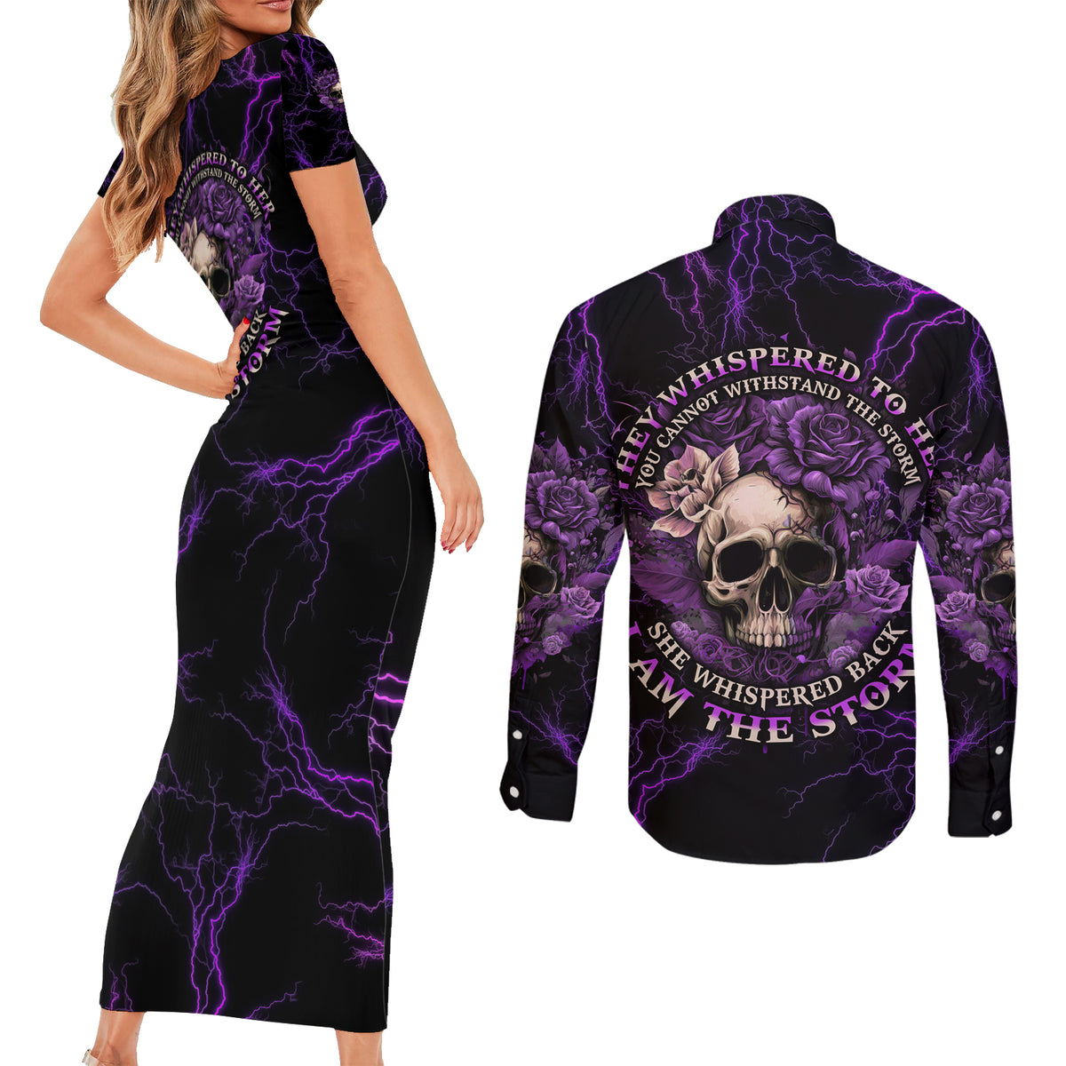 I Am The Storm Rose Skull Couples Matching Short Sleeve Bodycon Dress and Long Sleeve Button Shirt - Wonder Print Shop
