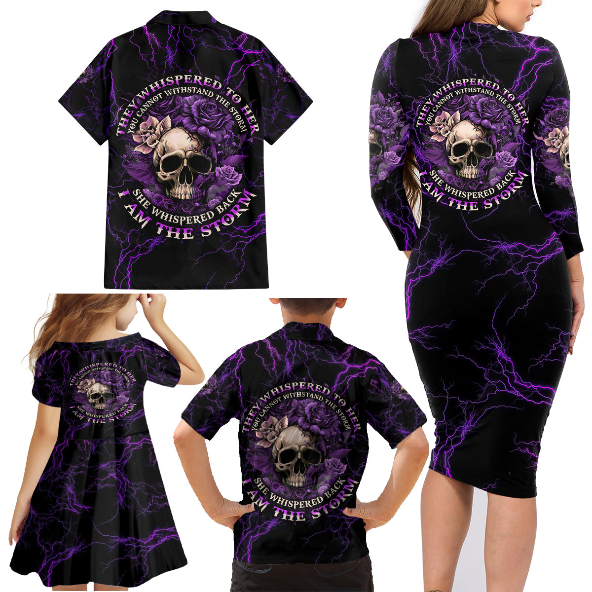 I Am The Storm Rose Skull Family Matching Long Sleeve Bodycon Dress and Hawaiian Shirt - Wonder Print Shop