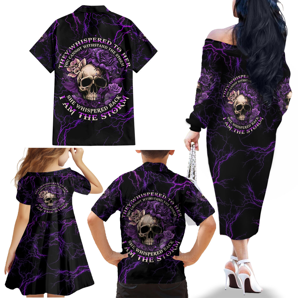 I Am The Storm Rose Skull Family Matching Off Shoulder Long Sleeve Dress and Hawaiian Shirt - Wonder Print Shop