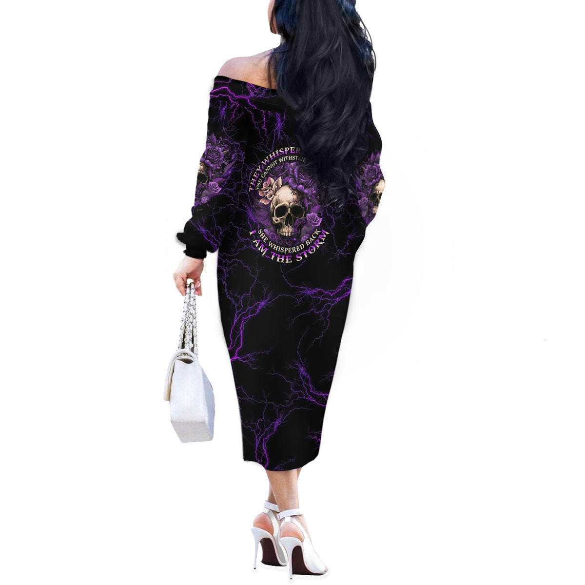 I Am The Storm Rose Skull Off The Shoulder Long Sleeve Dress - Wonder Print Shop