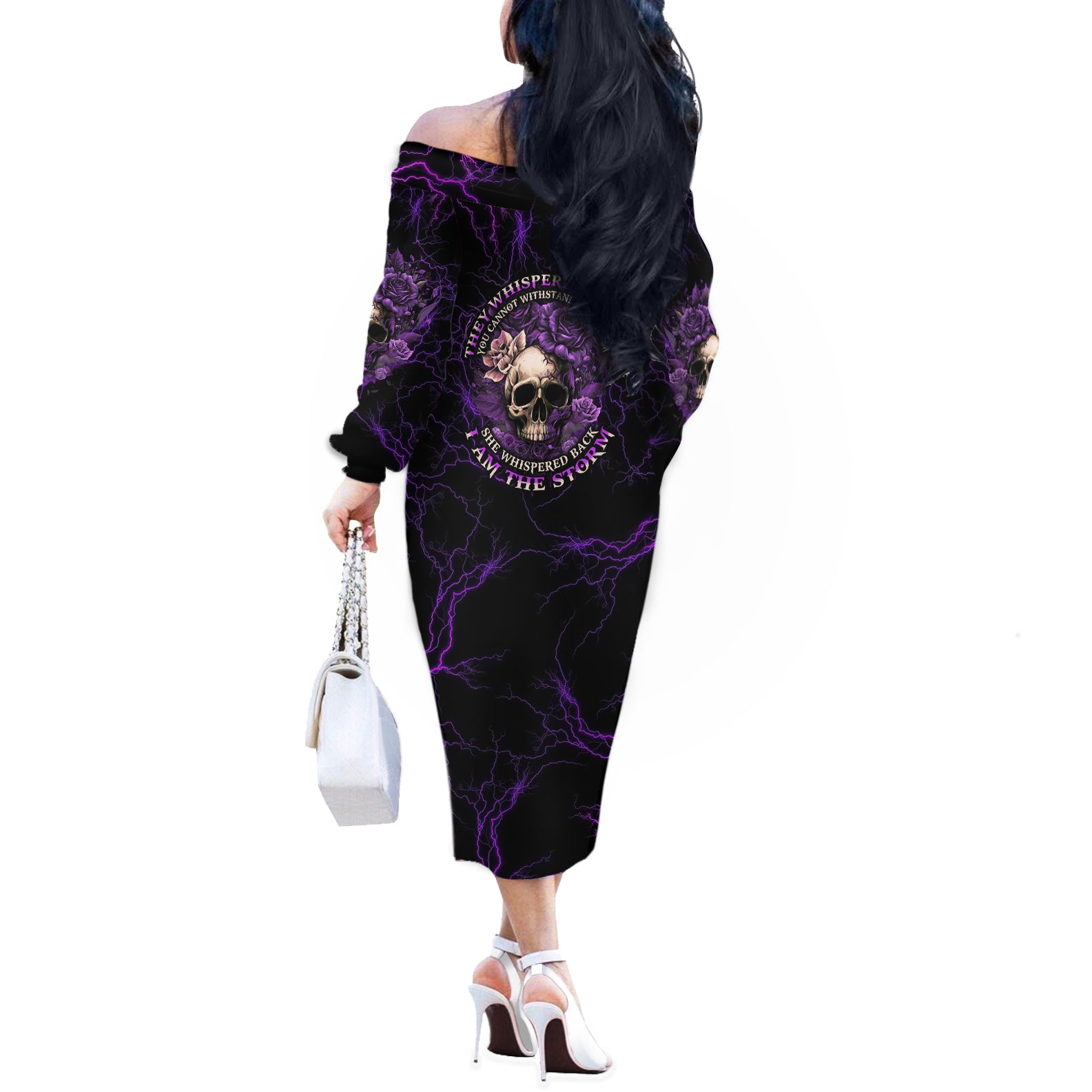 I Am The Storm Rose Skull Off The Shoulder Long Sleeve Dress - Wonder Print Shop