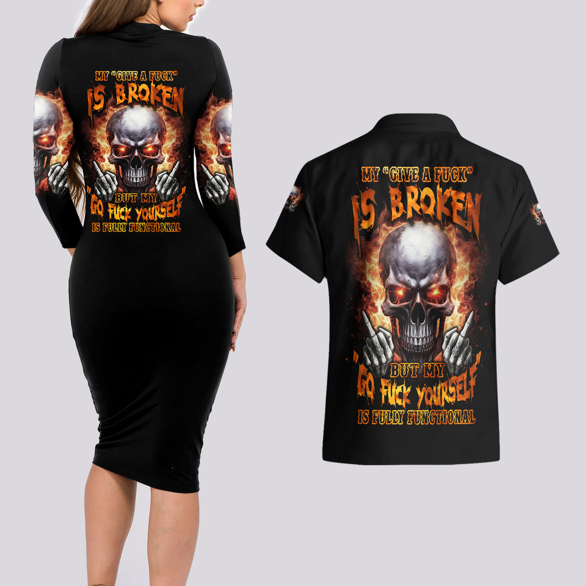 Give Me A F Is Broken But My Go F Yourself Couples Matching Long Sleeve Bodycon Dress and Hawaiian Shirt - Wonder Print Shop