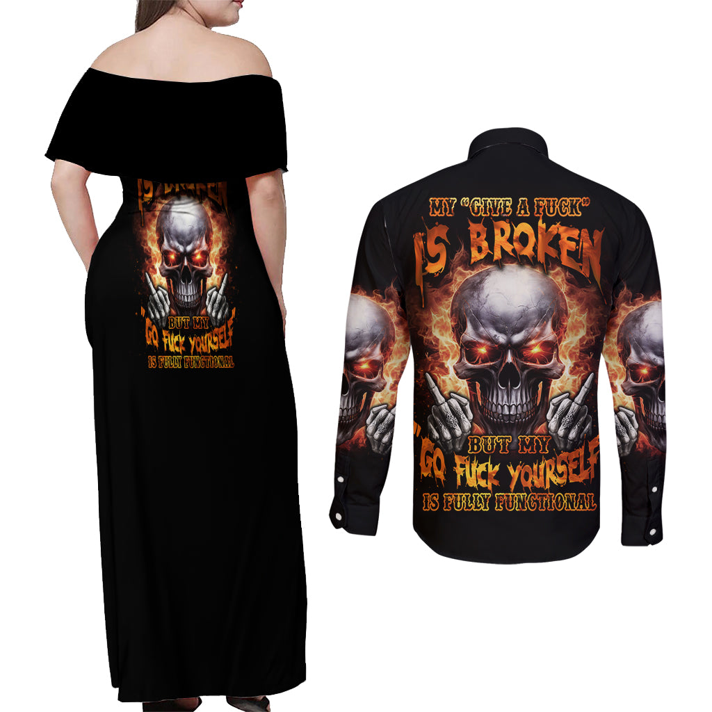 Give Me A F Is Broken But My Go F Yourself Couples Matching Off Shoulder Maxi Dress and Long Sleeve Button Shirt - Wonder Print Shop