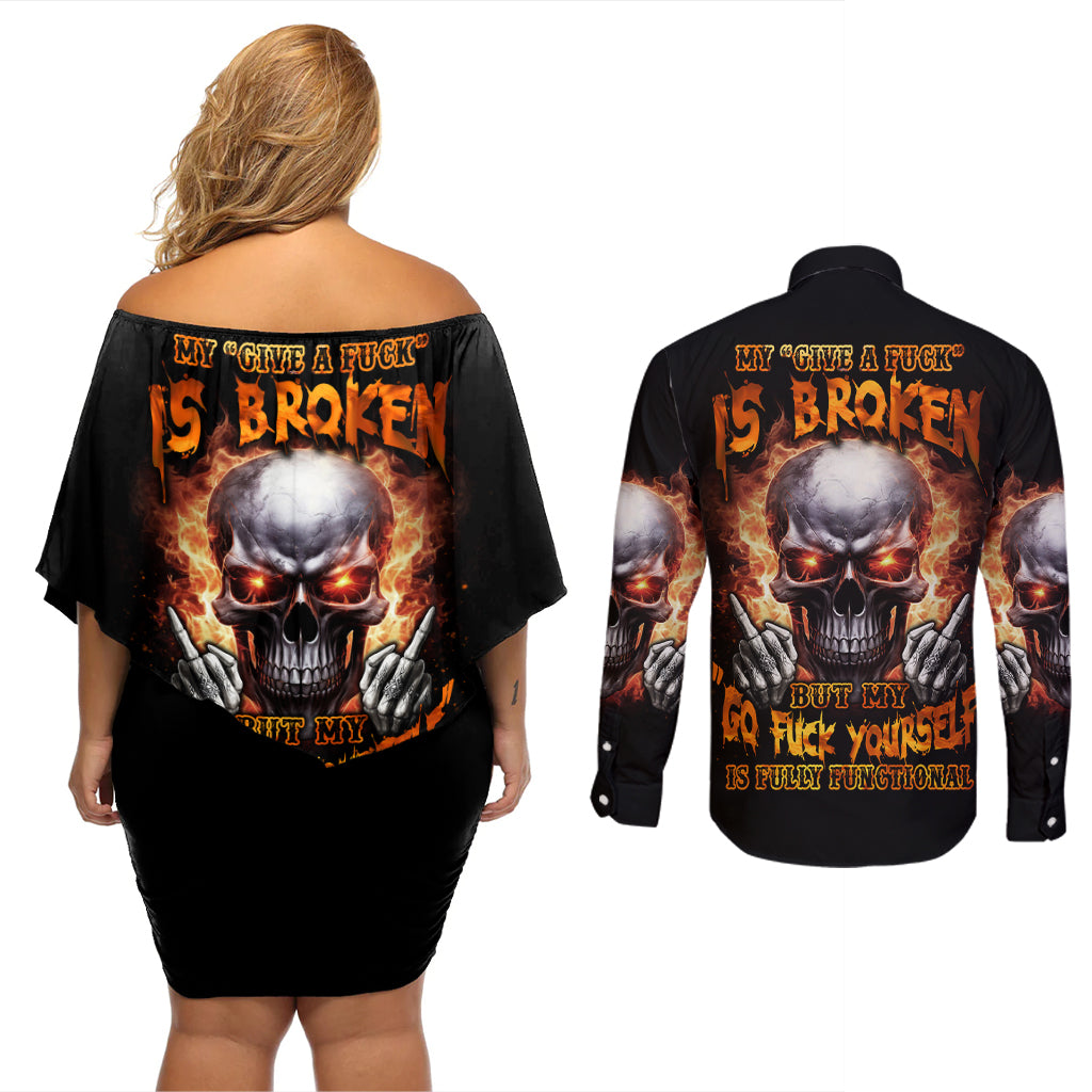 Give Me A F Is Broken But My Go F Yourself Couples Matching Off Shoulder Short Dress and Long Sleeve Button Shirt - Wonder Print Shop