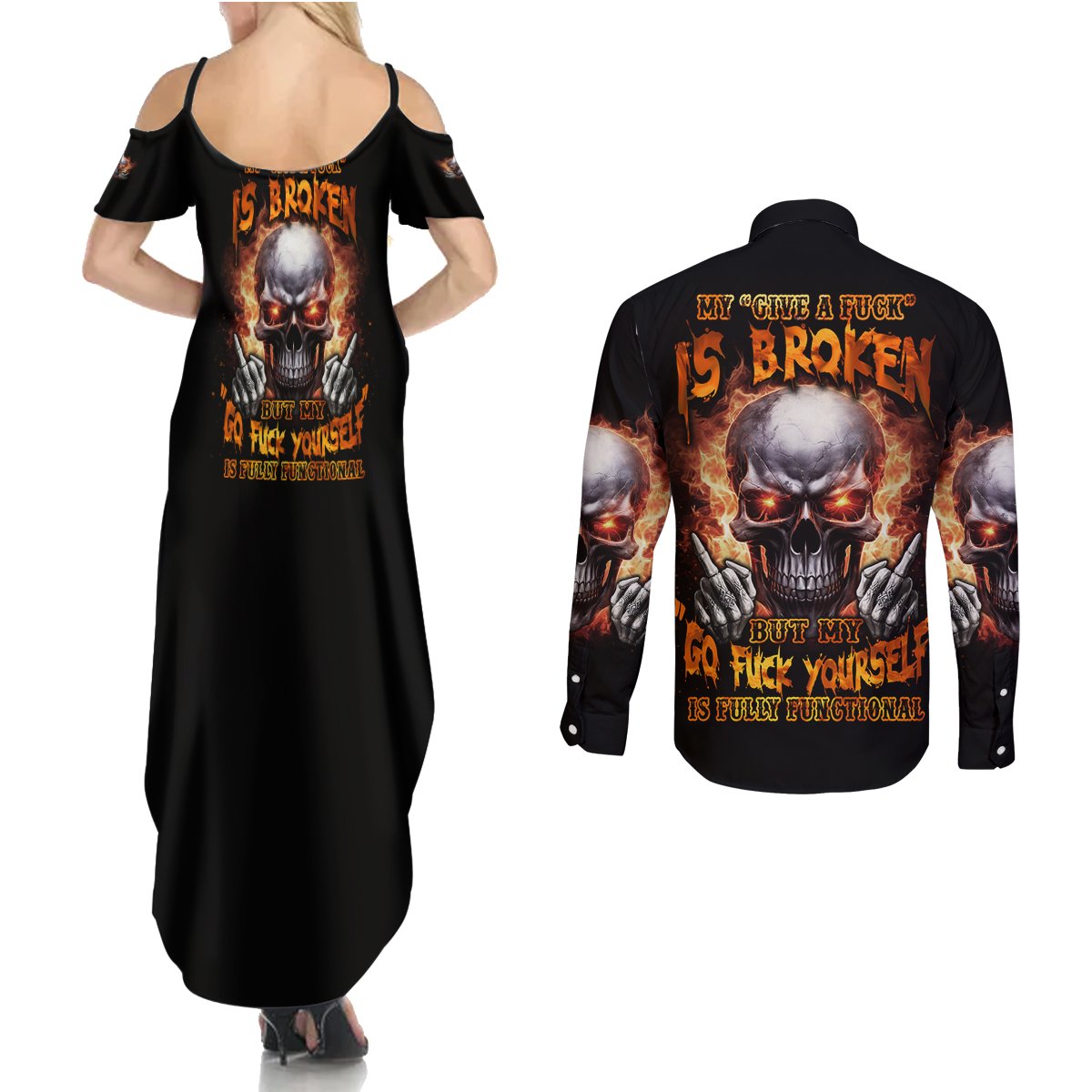 Give Me A F Is Broken But My Go F Yourself Couples Matching Summer Maxi Dress and Long Sleeve Button Shirt - Wonder Print Shop