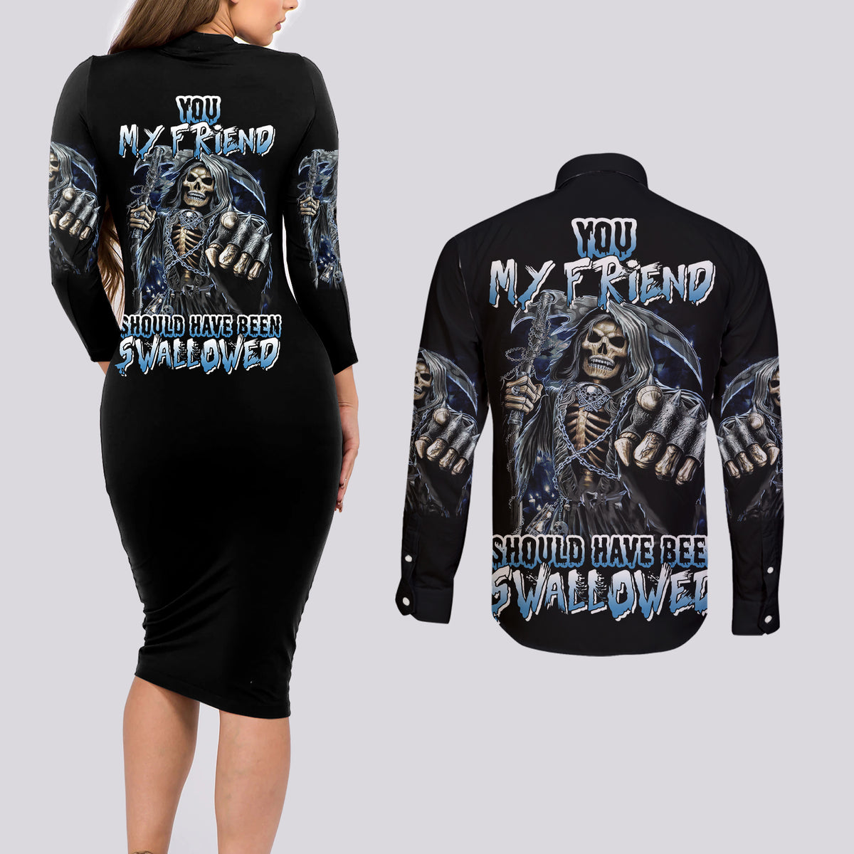 You My Friend Should Have Been Swallowed Couples Matching Long Sleeve Bodycon Dress and Long Sleeve Button Shirt - Wonder Print Shop