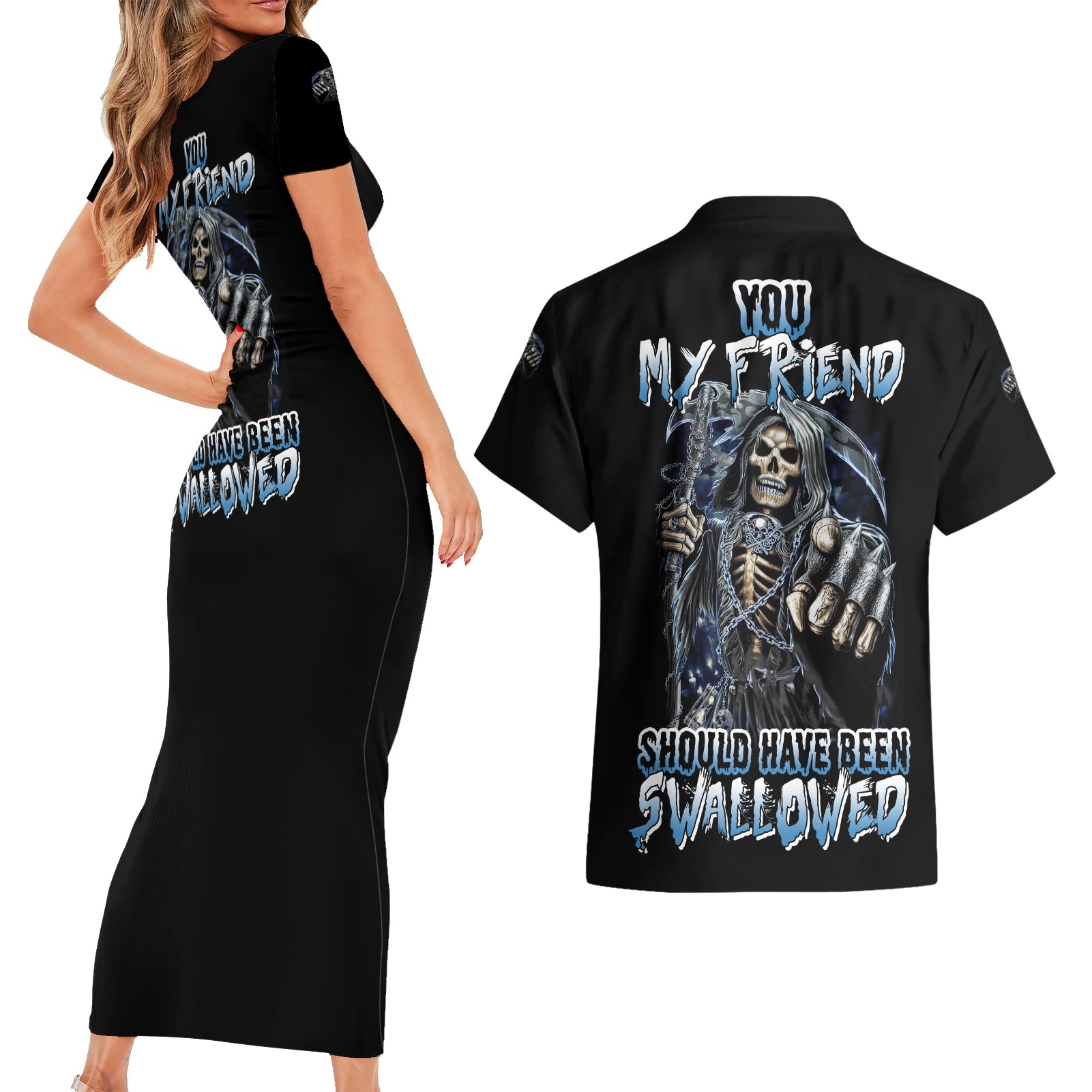 You My Friend Should Have Been Swallowed Couples Matching Short Sleeve Bodycon Dress and Hawaiian Shirt - Wonder Print Shop