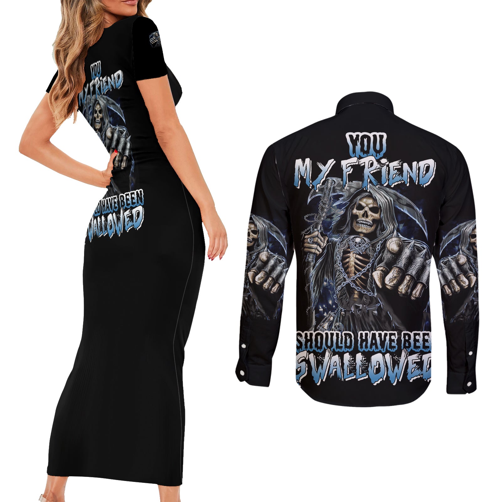 You My Friend Should Have Been Swallowed Couples Matching Short Sleeve Bodycon Dress and Long Sleeve Button Shirt - Wonder Print Shop
