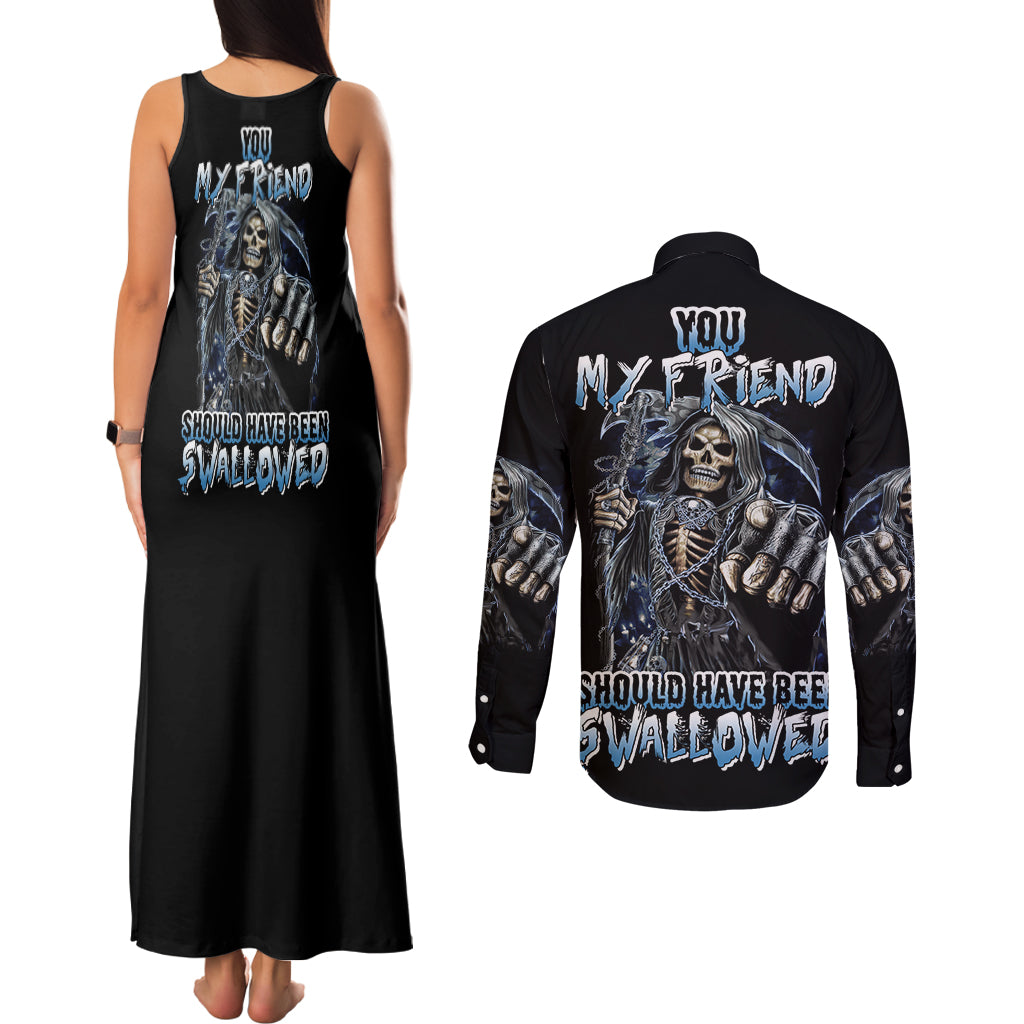You My Friend Should Have Been Swallowed Couples Matching Tank Maxi Dress and Long Sleeve Button Shirt - Wonder Print Shop