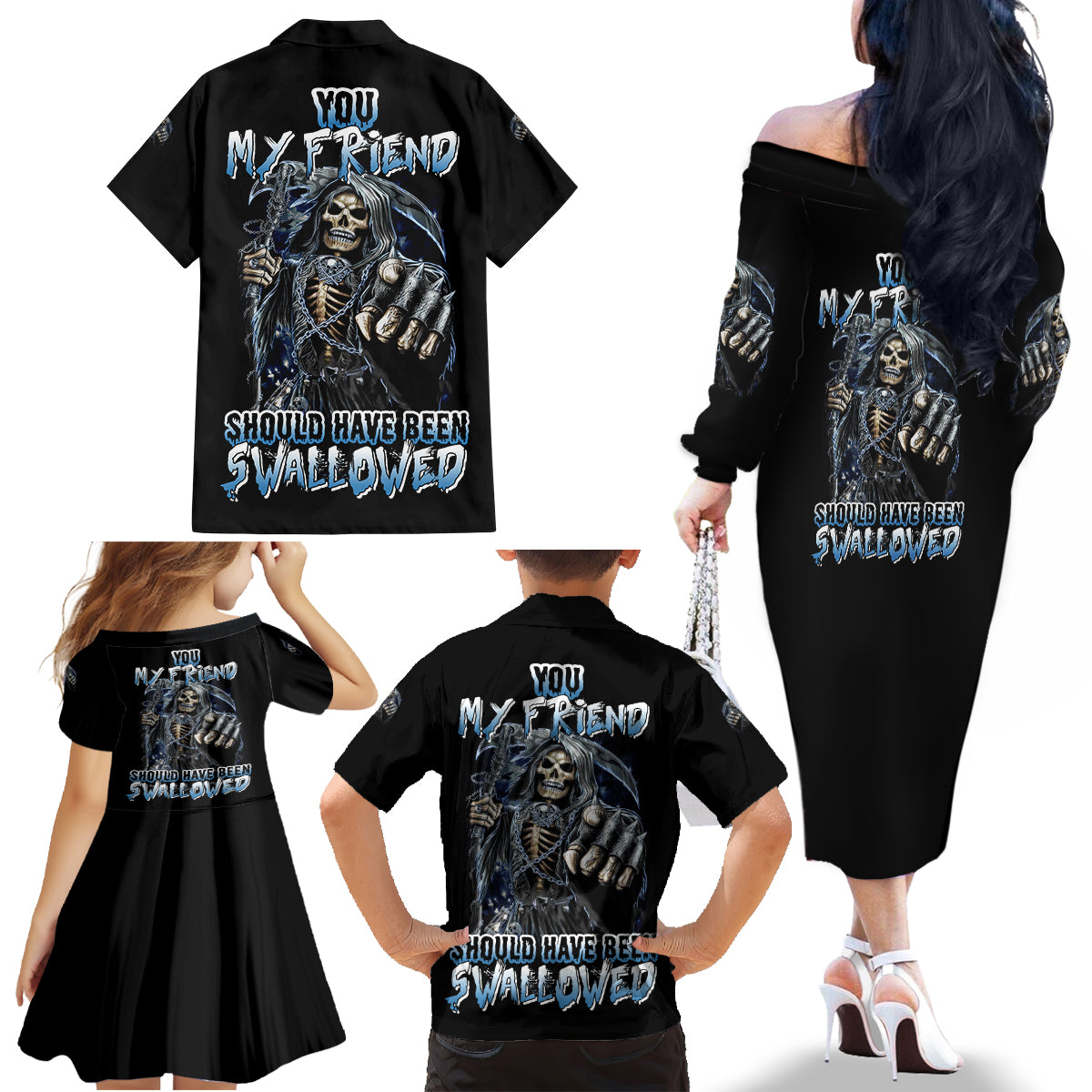 You My Friend Should Have Been Swallowed Family Matching Off Shoulder Long Sleeve Dress and Hawaiian Shirt - Wonder Print Shop