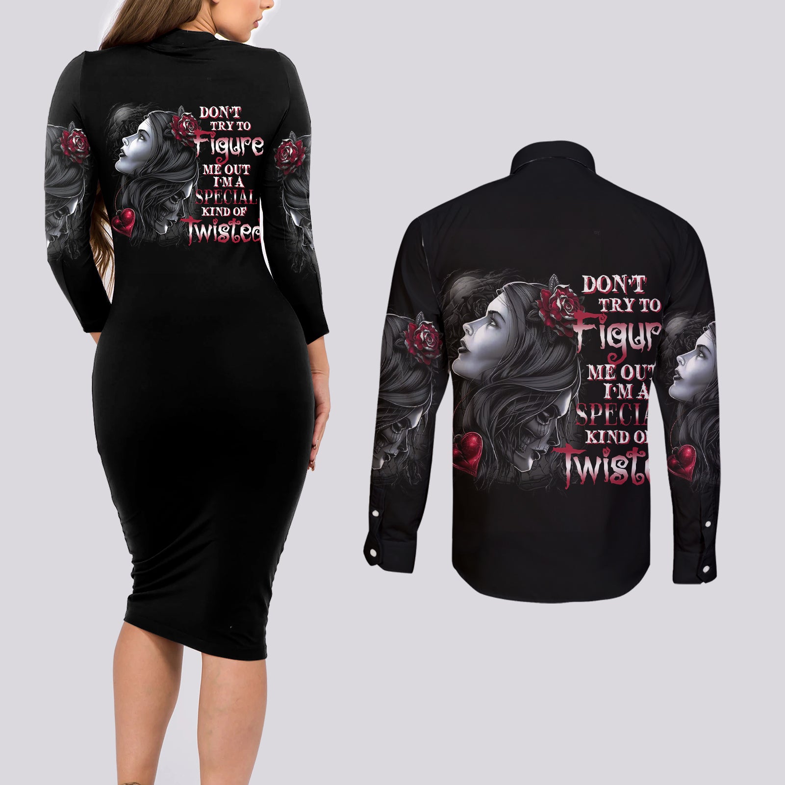 Don't Try To Figure Me Out Couples Matching Long Sleeve Bodycon Dress and Long Sleeve Button Shirt - Wonder Print Shop