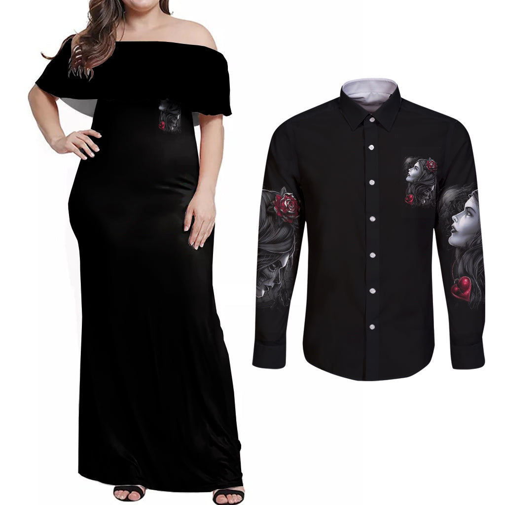 Don't Try To Figure Me Out Couples Matching Off Shoulder Maxi Dress and Long Sleeve Button Shirt - Wonder Print Shop