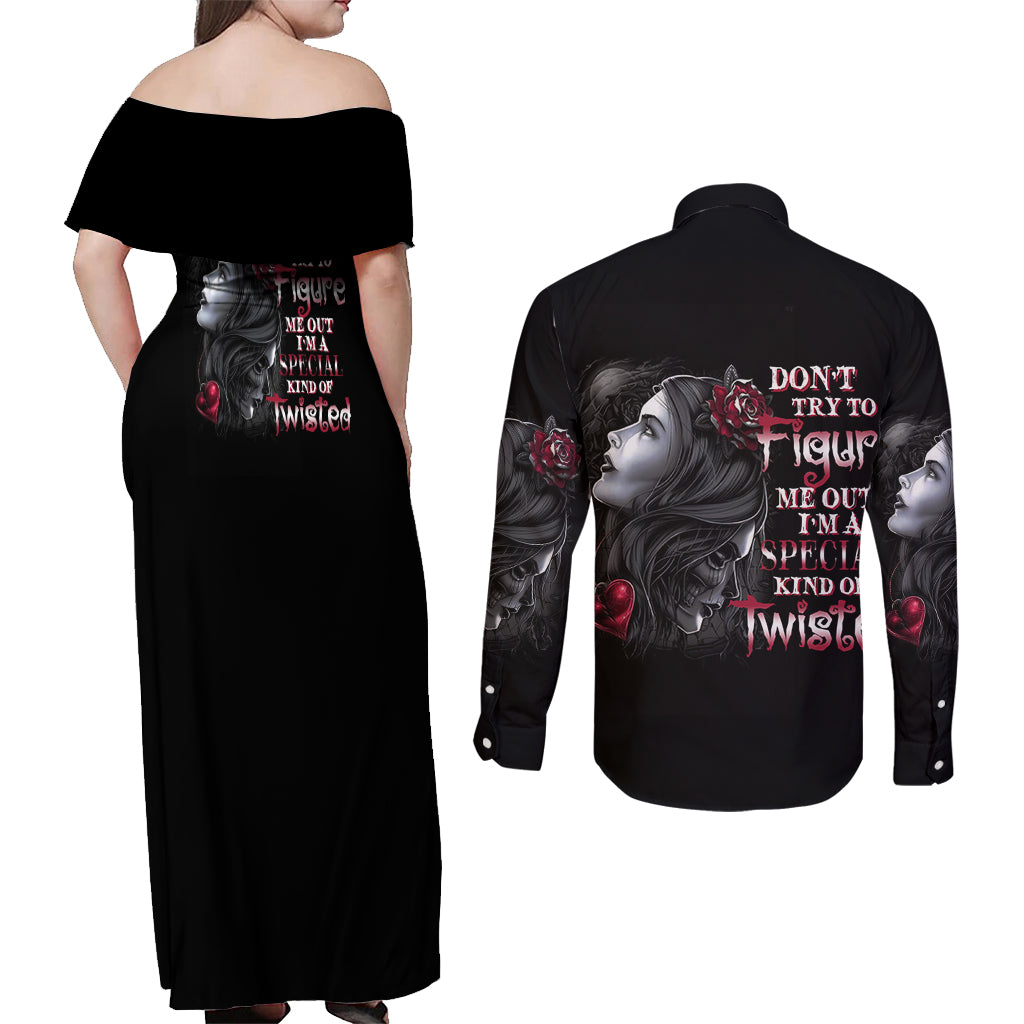 Don't Try To Figure Me Out Couples Matching Off Shoulder Maxi Dress and Long Sleeve Button Shirt - Wonder Print Shop