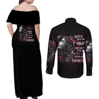 Don't Try To Figure Me Out Couples Matching Off Shoulder Maxi Dress and Long Sleeve Button Shirt - Wonder Print Shop