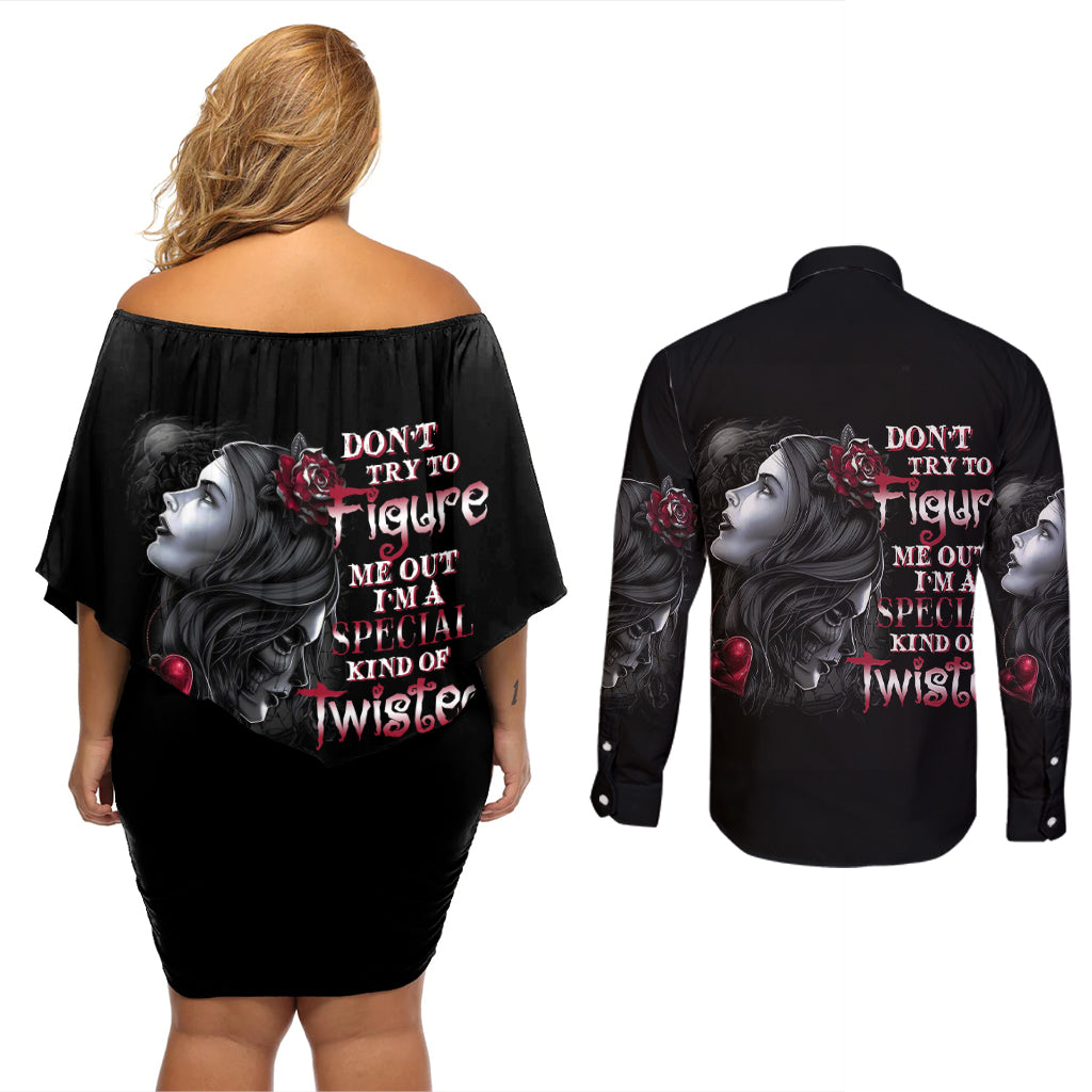 Don't Try To Figure Me Out Couples Matching Off Shoulder Short Dress and Long Sleeve Button Shirt - Wonder Print Shop