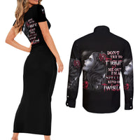 Don't Try To Figure Me Out Couples Matching Short Sleeve Bodycon Dress and Long Sleeve Button Shirt - Wonder Print Shop
