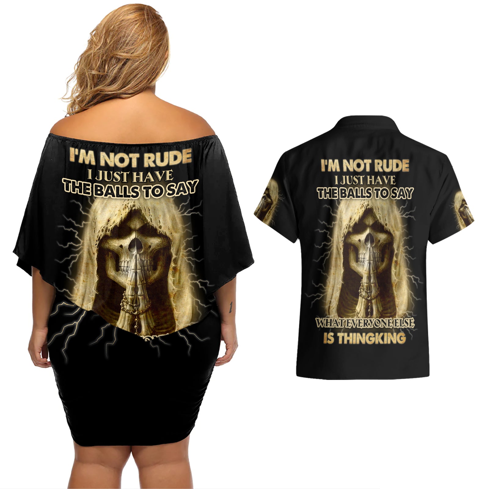I'm Not Rude I Just Have The Balls Couples Matching Off Shoulder Short Dress and Hawaiian Shirt - Wonder Print Shop