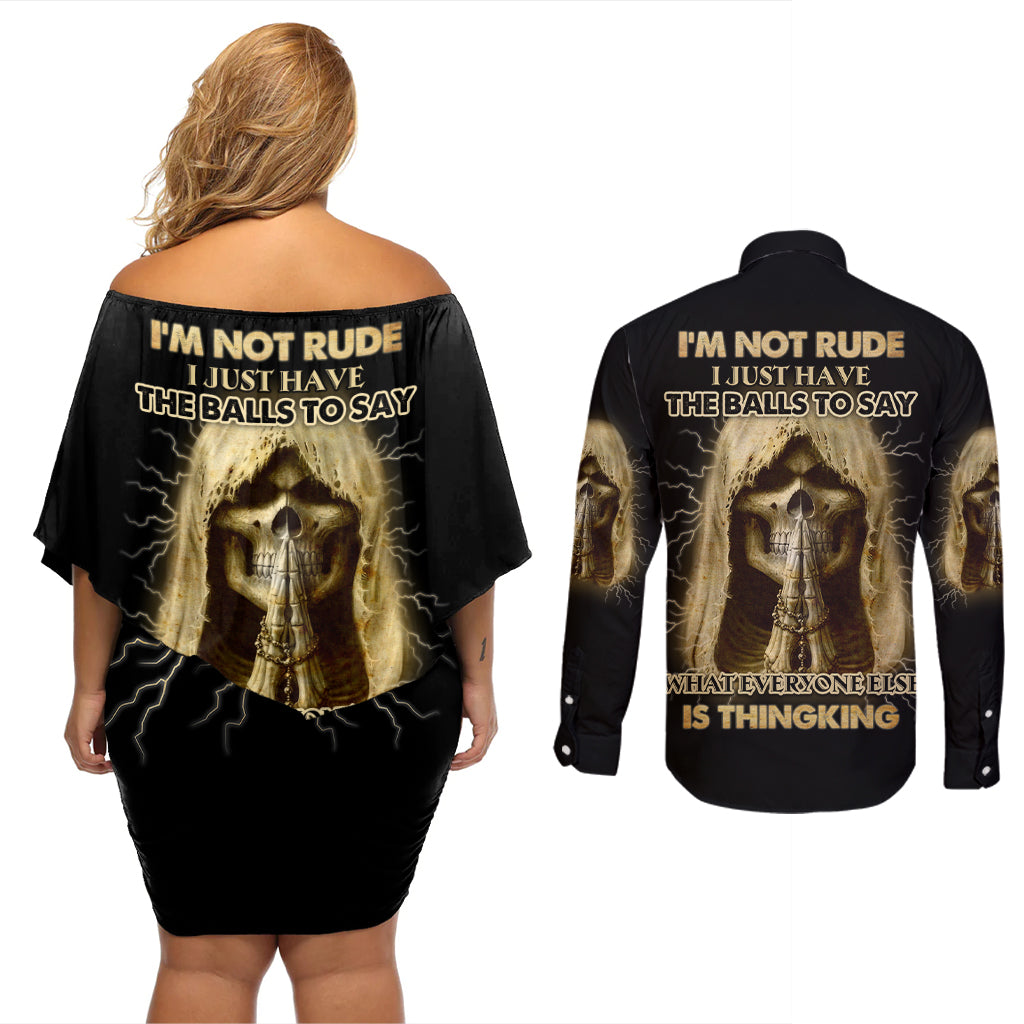I'm Not Rude I Just Have The Balls Couples Matching Off Shoulder Short Dress and Long Sleeve Button Shirt - Wonder Print Shop
