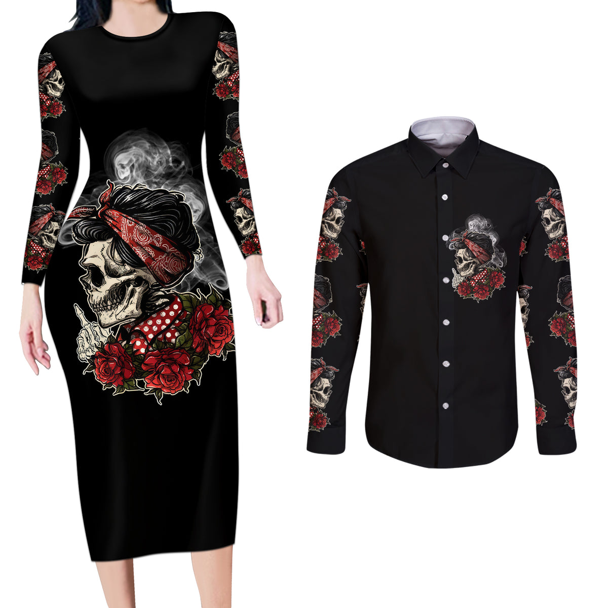 Skl Rose - Zero Fck Given Couples Matching Long Sleeve Bodycon Dress and Long Sleeve Button Shirt - Wonder Print Shop