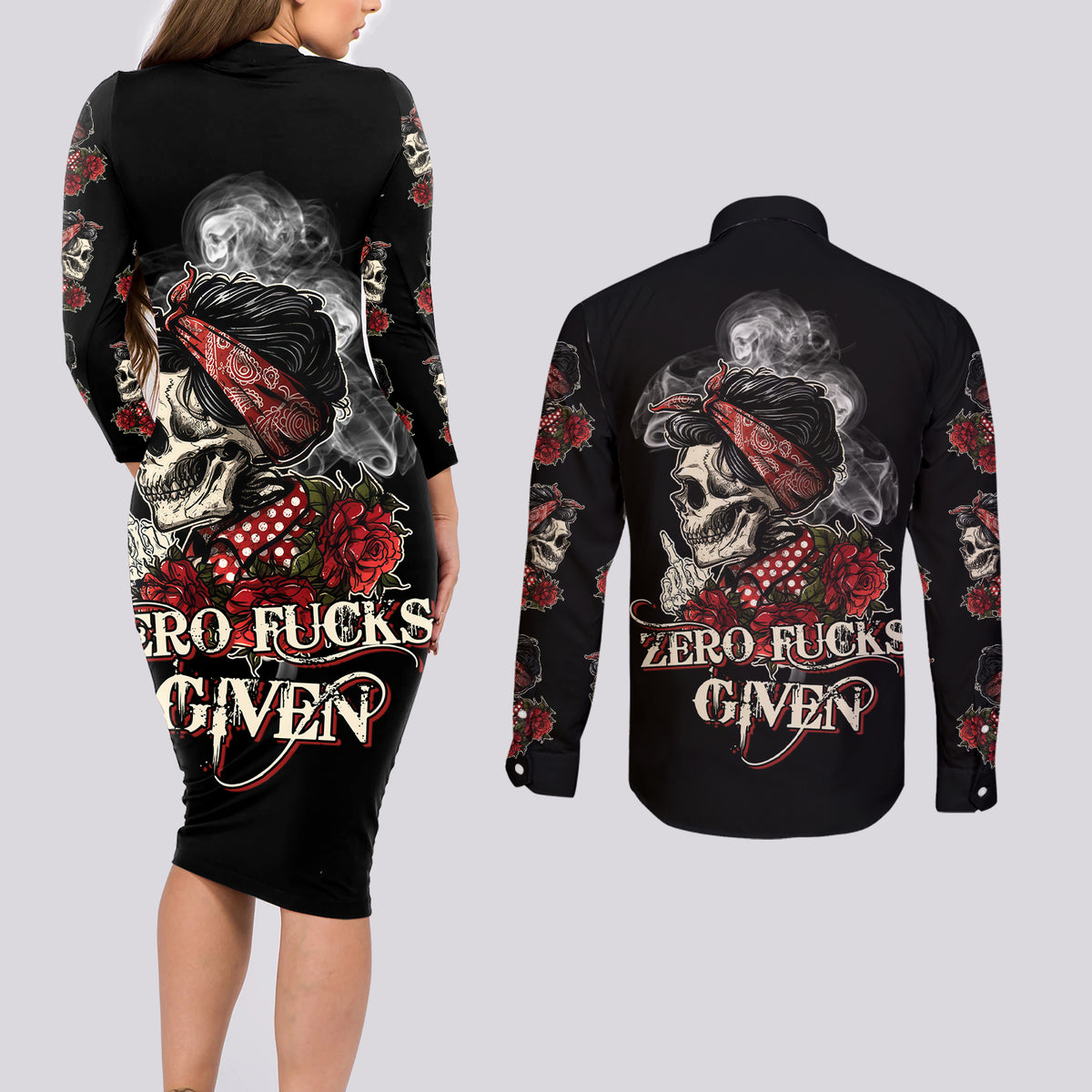 Skl Rose - Zero Fck Given Couples Matching Long Sleeve Bodycon Dress and Long Sleeve Button Shirt - Wonder Print Shop