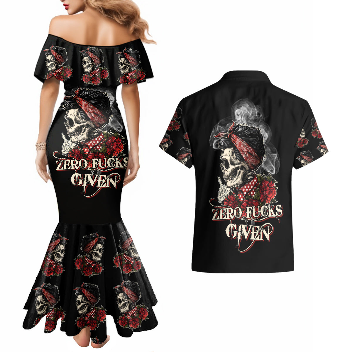 Skl Rose - Zero Fck Given Couples Matching Mermaid Dress and Hawaiian Shirt - Wonder Print Shop