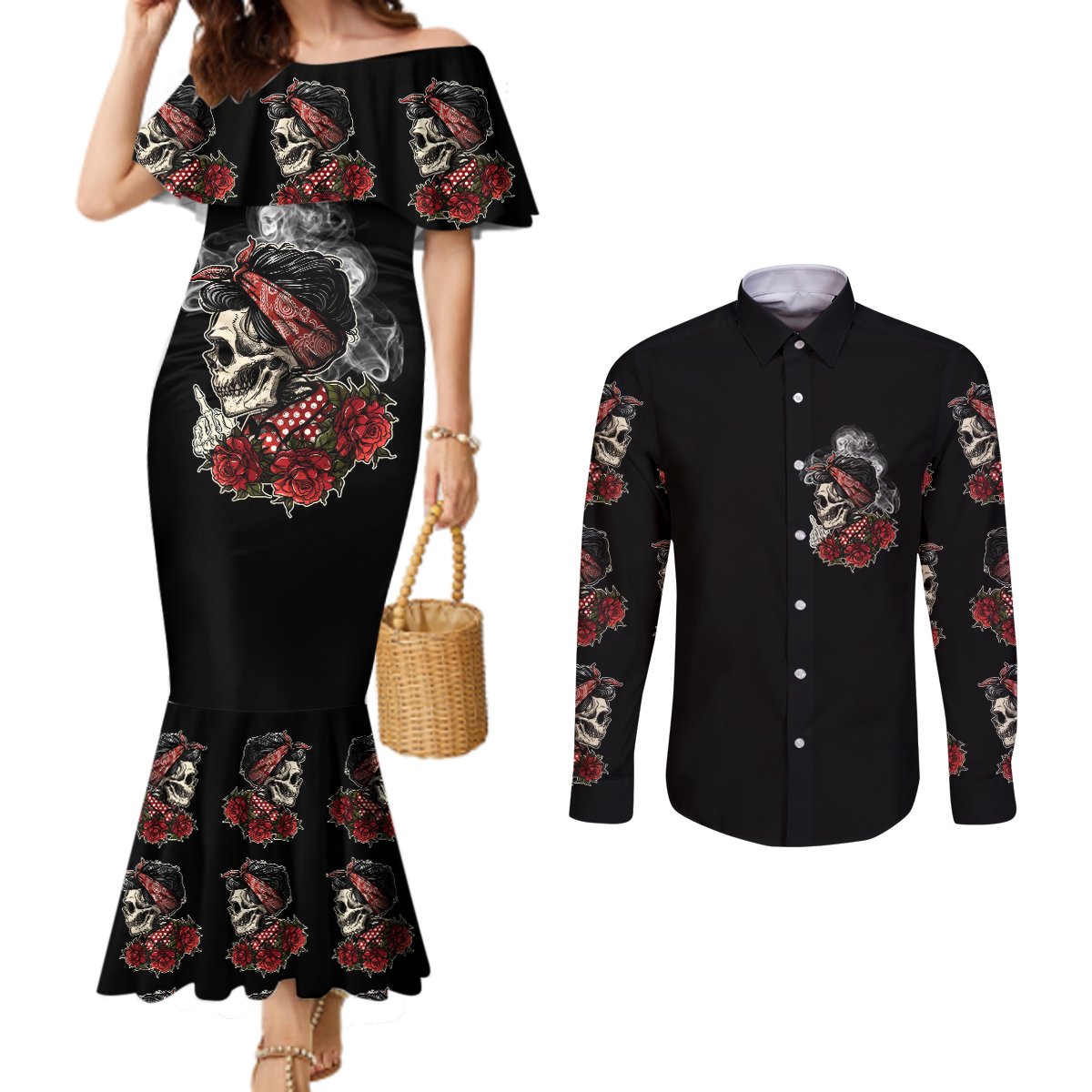 skl-rose-zero-fck-given-couples-matching-mermaid-dress-and-long-sleeve-button-shirt