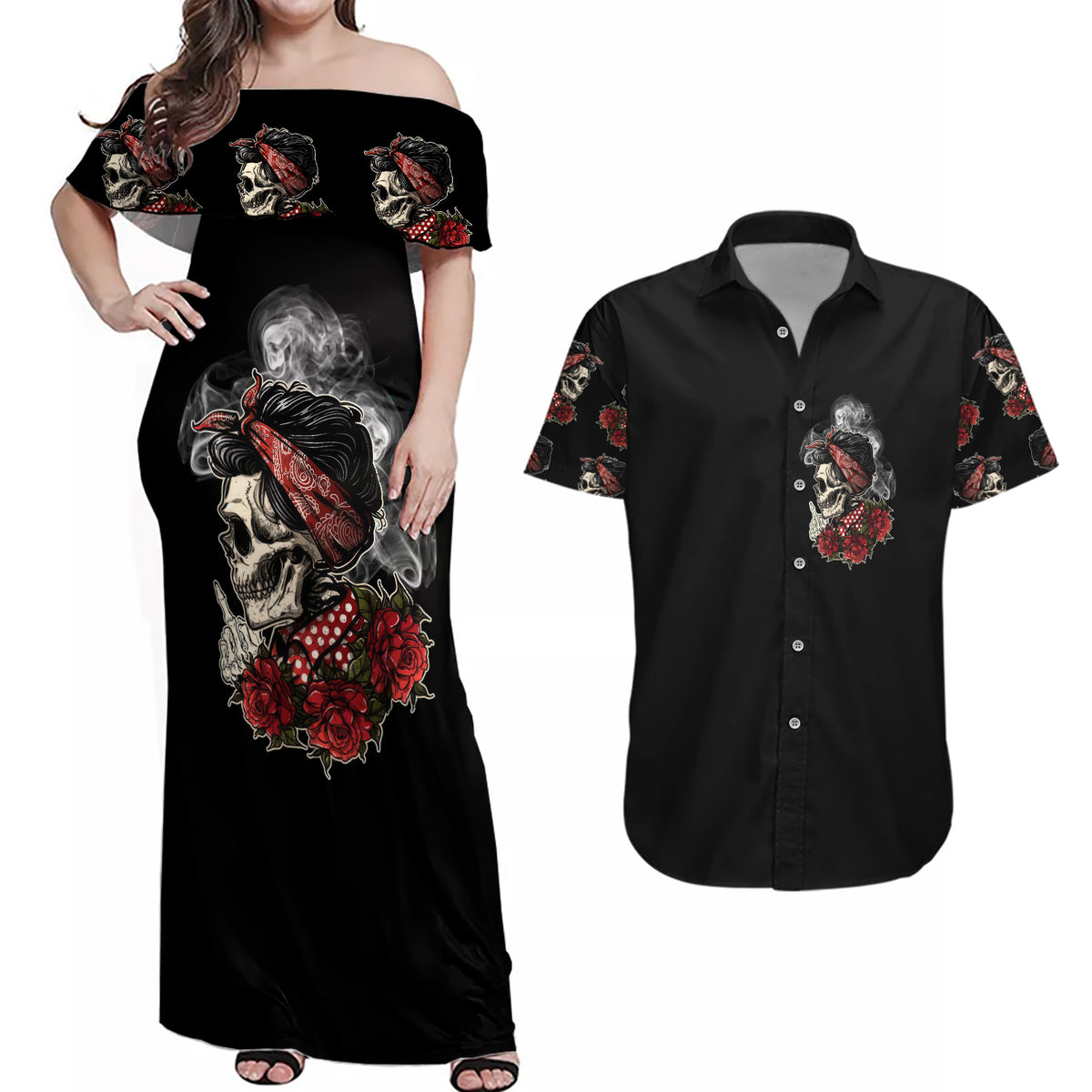 Skl Rose - Zero Fck Given Couples Matching Off Shoulder Maxi Dress and Hawaiian Shirt - Wonder Print Shop
