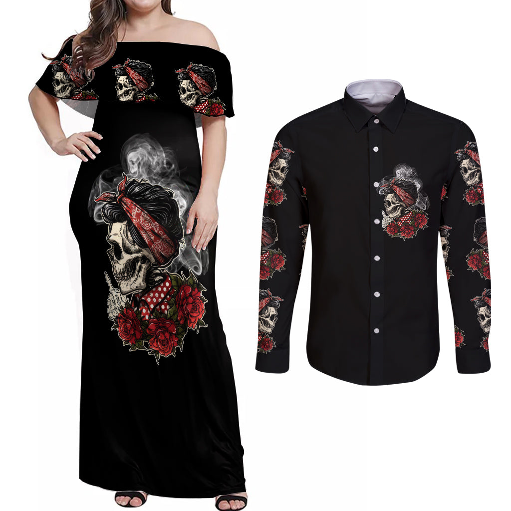 Skl Rose - Zero Fck Given Couples Matching Off Shoulder Maxi Dress and Long Sleeve Button Shirt - Wonder Print Shop