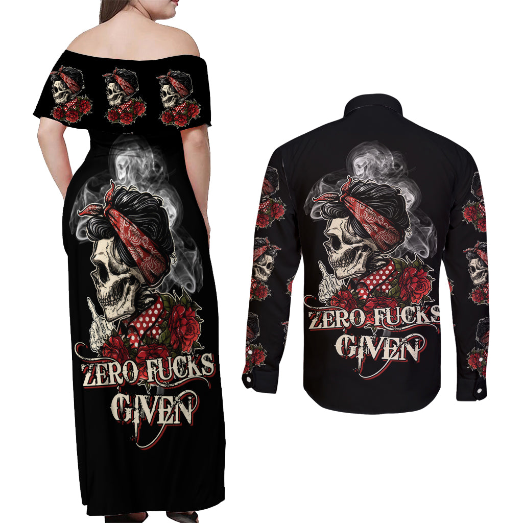 Skl Rose - Zero Fck Given Couples Matching Off Shoulder Maxi Dress and Long Sleeve Button Shirt - Wonder Print Shop