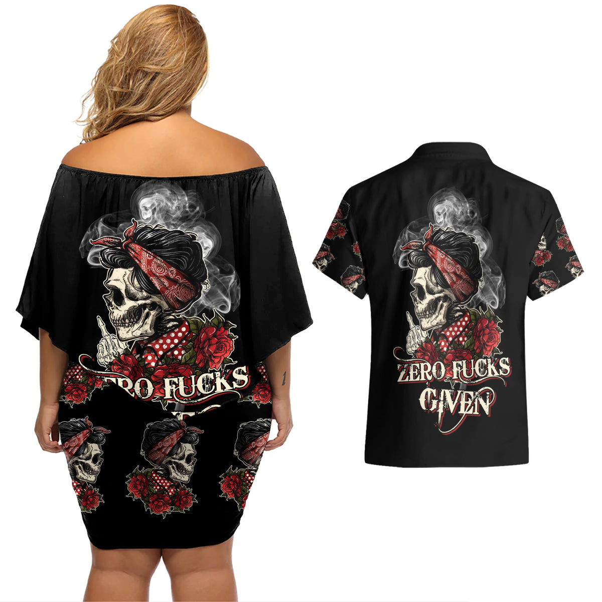 Skl Rose - Zero Fck Given Couples Matching Off Shoulder Short Dress and Hawaiian Shirt - Wonder Print Shop