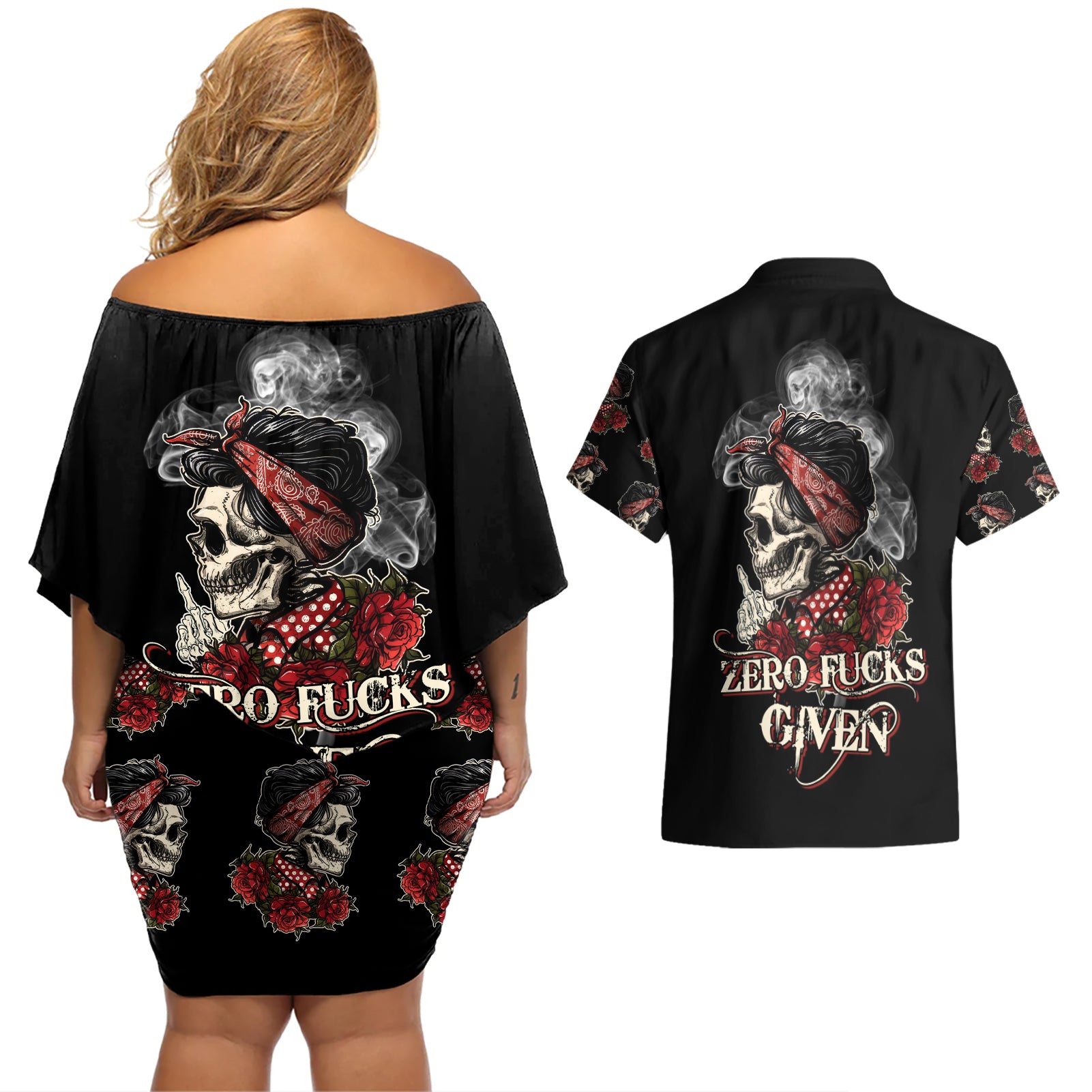 Skl Rose - Zero Fck Given Couples Matching Off Shoulder Short Dress and Hawaiian Shirt - Wonder Print Shop