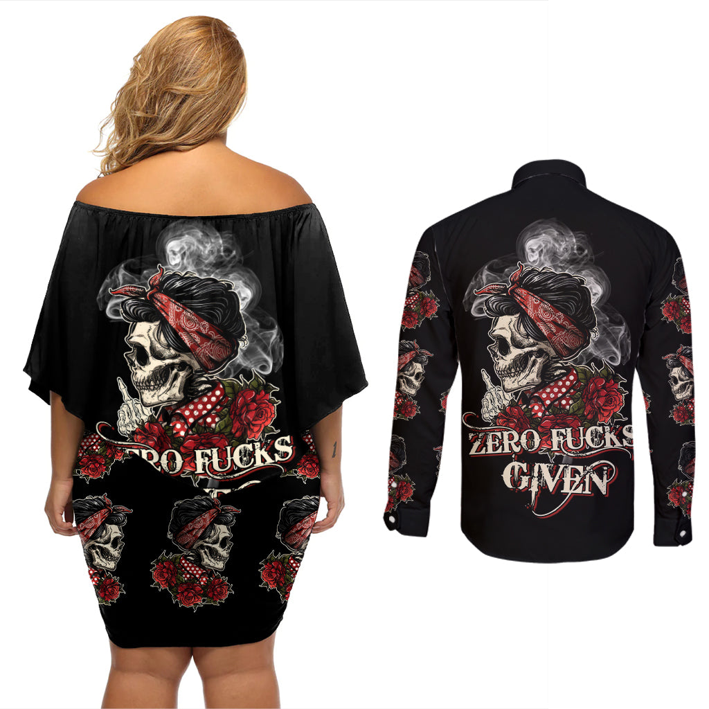 Skl Rose - Zero Fck Given Couples Matching Off Shoulder Short Dress and Long Sleeve Button Shirt - Wonder Print Shop