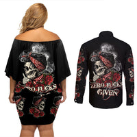 Skl Rose - Zero Fck Given Couples Matching Off Shoulder Short Dress and Long Sleeve Button Shirt - Wonder Print Shop