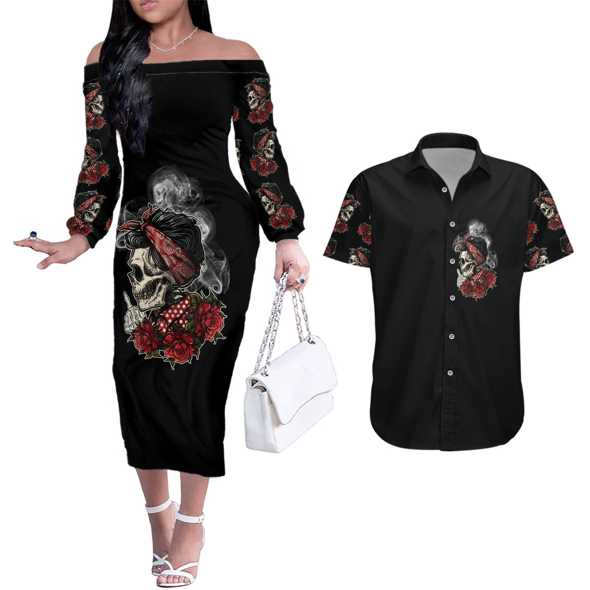 Skl Rose - Zero Fck Given Couples Matching Off The Shoulder Long Sleeve Dress and Hawaiian Shirt - Wonder Print Shop
